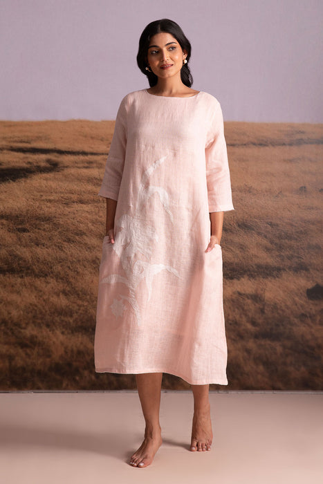 Pure Hemp Applique Dress-Pink