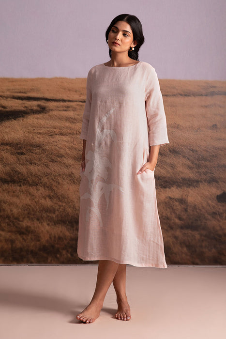 Pure Hemp Applique Dress-Pink