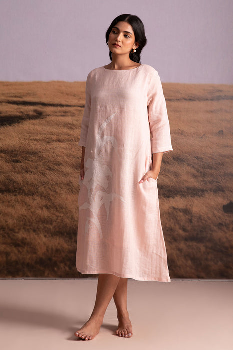Pure Hemp Applique Dress-Pink