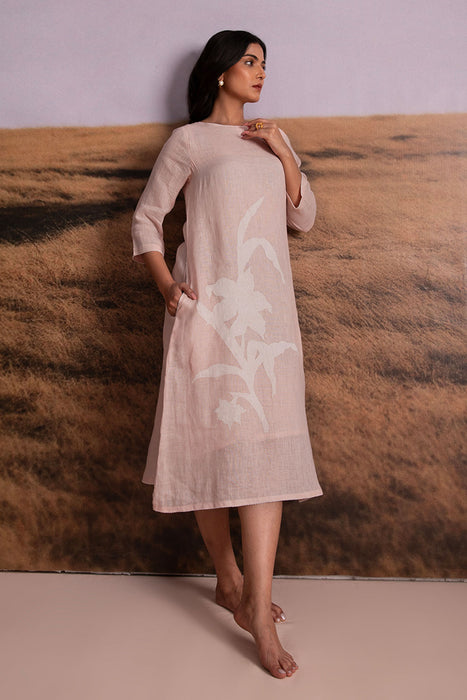 Pure Hemp Applique Dress-Pink