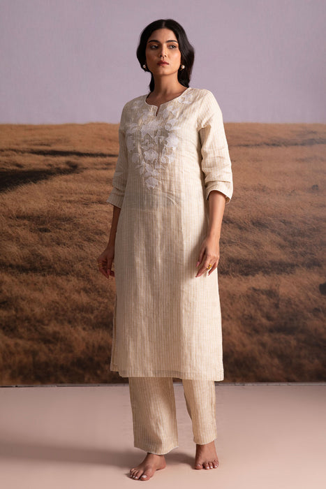 Pure Hemp Striped Applique Kurta Set-Natural