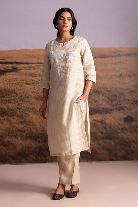Pure Hemp Striped Applique Kurta Set-Natural