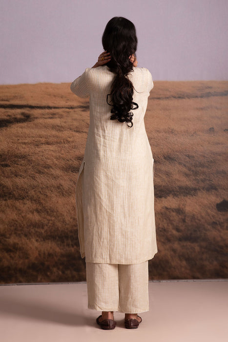 Pure Hemp Striped Applique Kurta Set-Natural