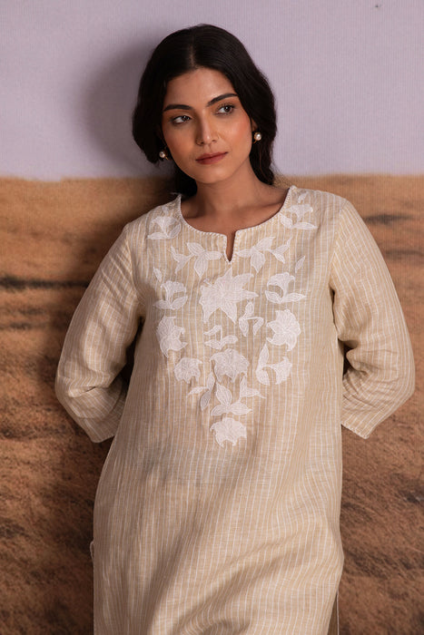 Pure Hemp Striped Applique Kurta Set-Natural