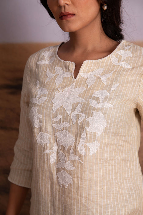 Pure Hemp Striped Applique Kurta Set-Natural