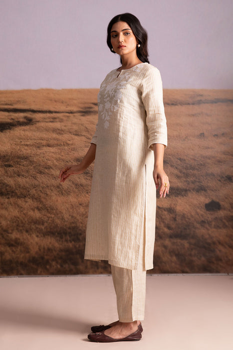Pure Hemp Striped Applique Kurta Set-Natural