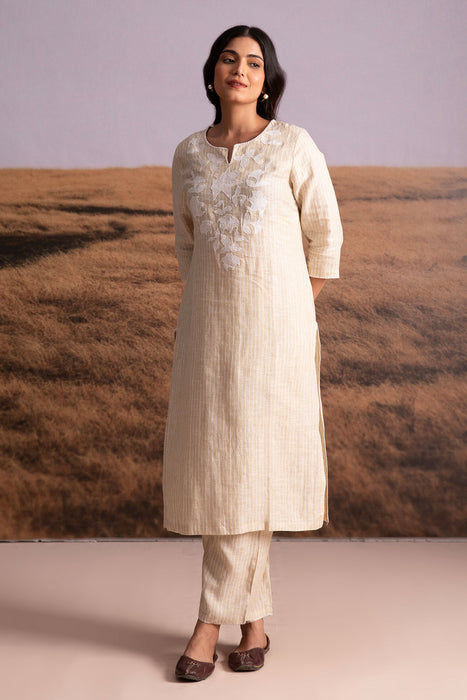 Pure Hemp Striped Applique Kurta Set-Natural