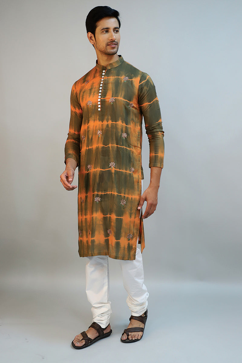 Green & Orange Silk Modal Tie-Dyed Kurta Set