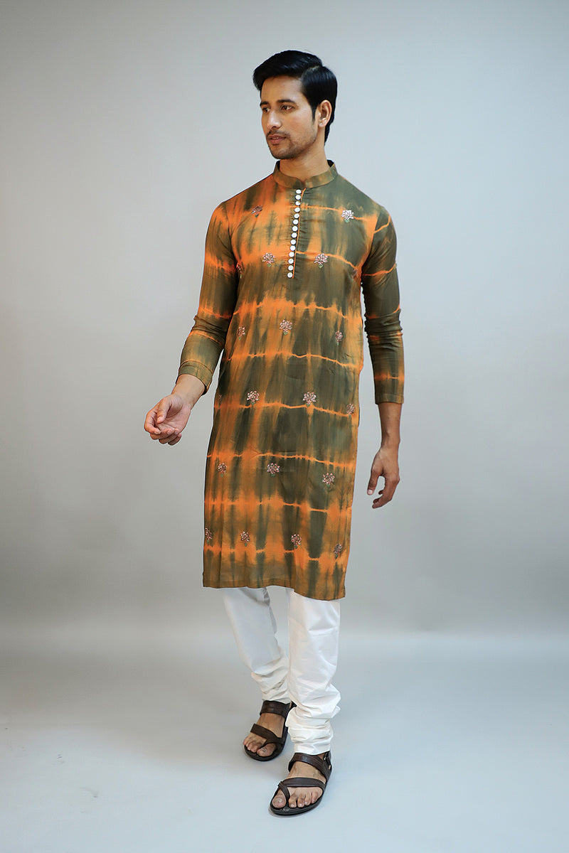 Green & Orange Silk Modal Tie-Dyed Kurta Set