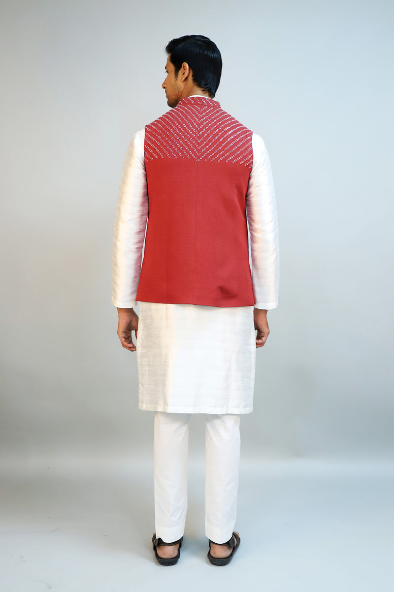 Brick Red Self Textured Cotton Hand Embroidered Nehru Jacket