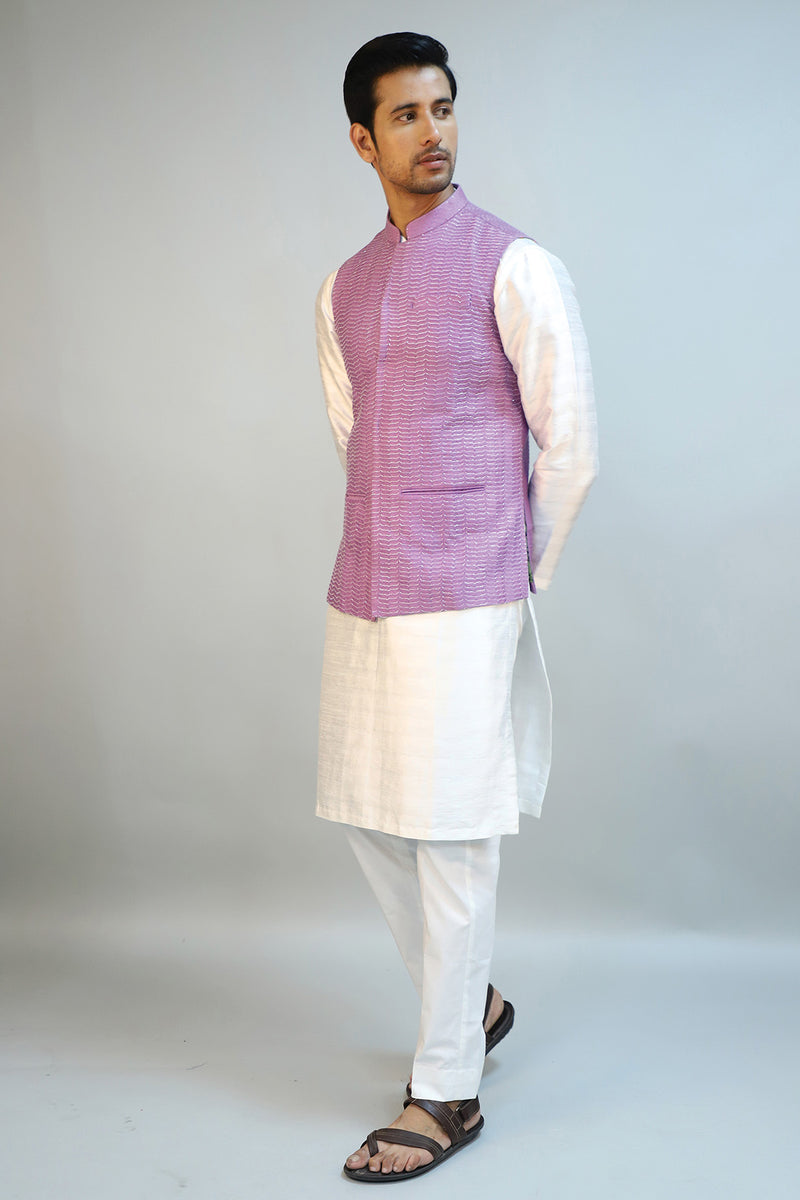 Lavender Self Textured Cotton Hand Embroidered Nehru Jacket