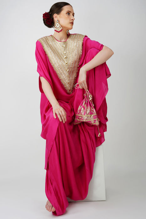 Royal Fuschia High Low kaftan with cowl drape skirt