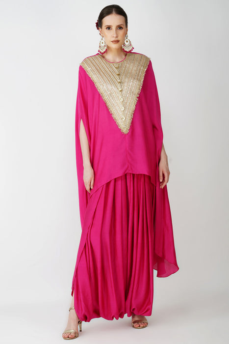 Royal Fuschia High Low kaftan with cowl drape skirt