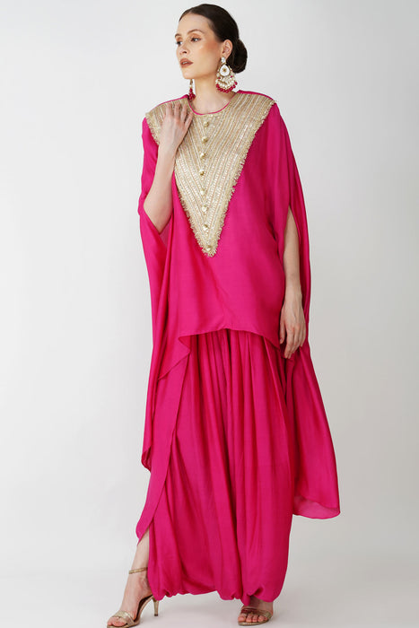 Royal Fuschia High Low kaftan with cowl drape skirt