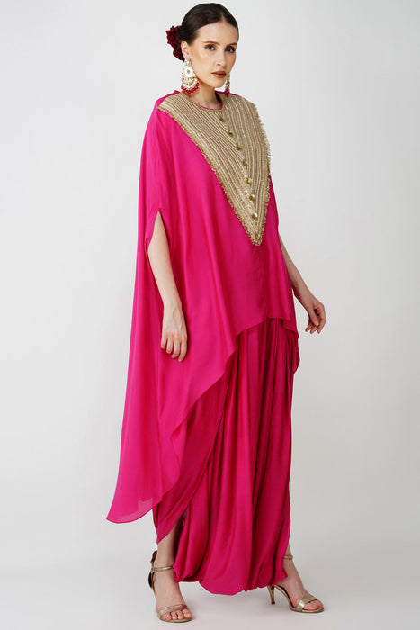 Royal Fuschia High Low kaftan with cowl drape skirt