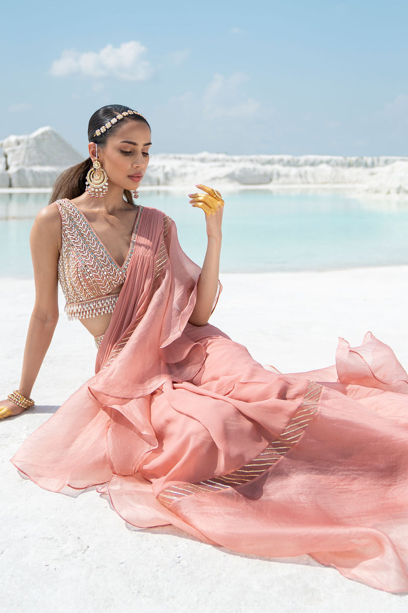 Gota Blush Ruffled Saree Set