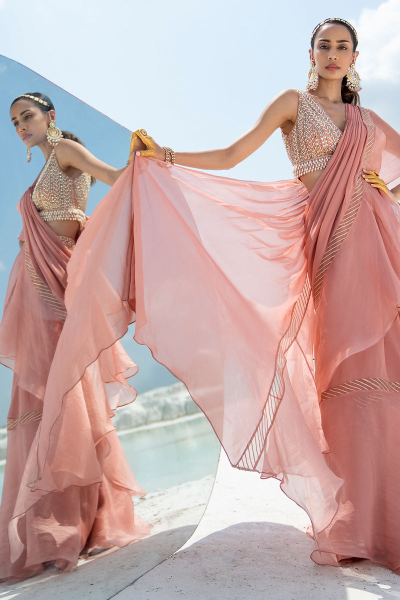 Gota Blush Ruffled Saree Set