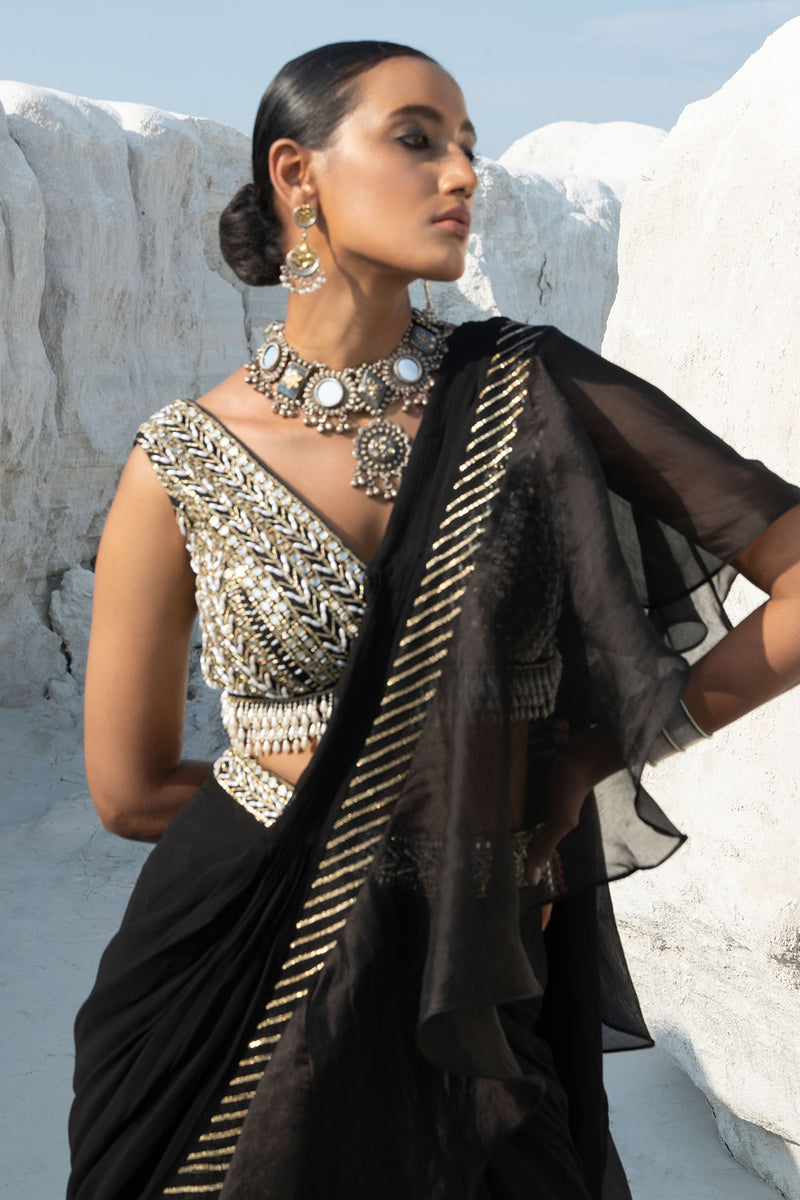Gota Black Ruffled Saree Set