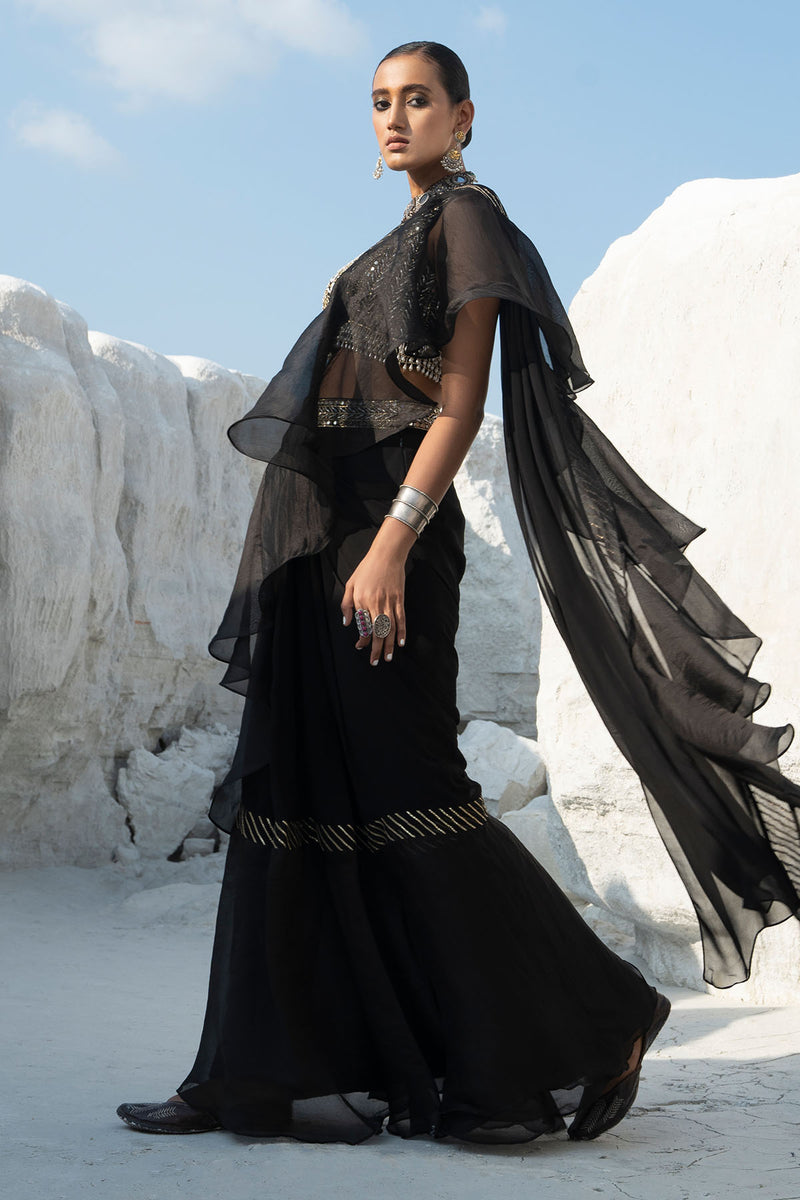 Gota Black Ruffled Saree Set