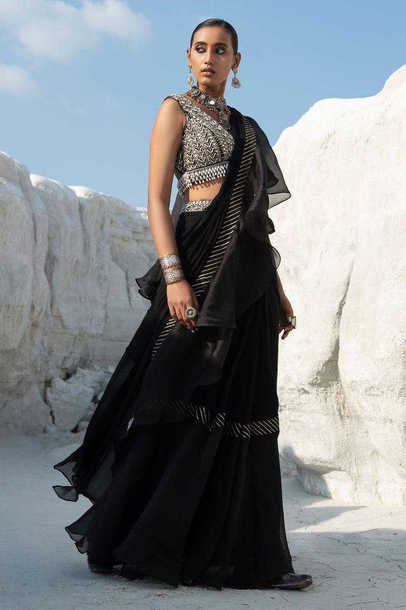 Gota Black Ruffled Saree Set