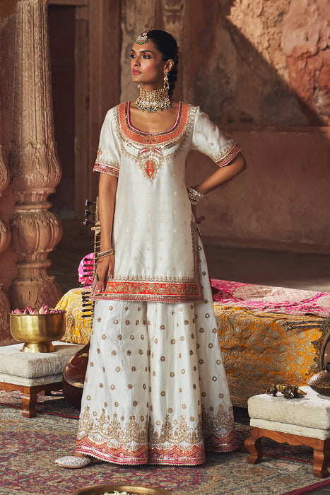 SAMREEN - DAISY IVORY SHORT KURTA WITH SHARARA AND DUPATTA