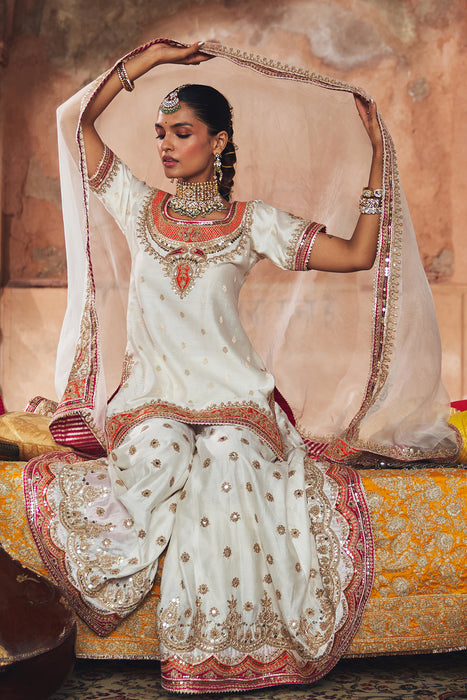 SAMREEN - DAISY IVORY SHORT KURTA WITH SHARARA AND DUPATTA