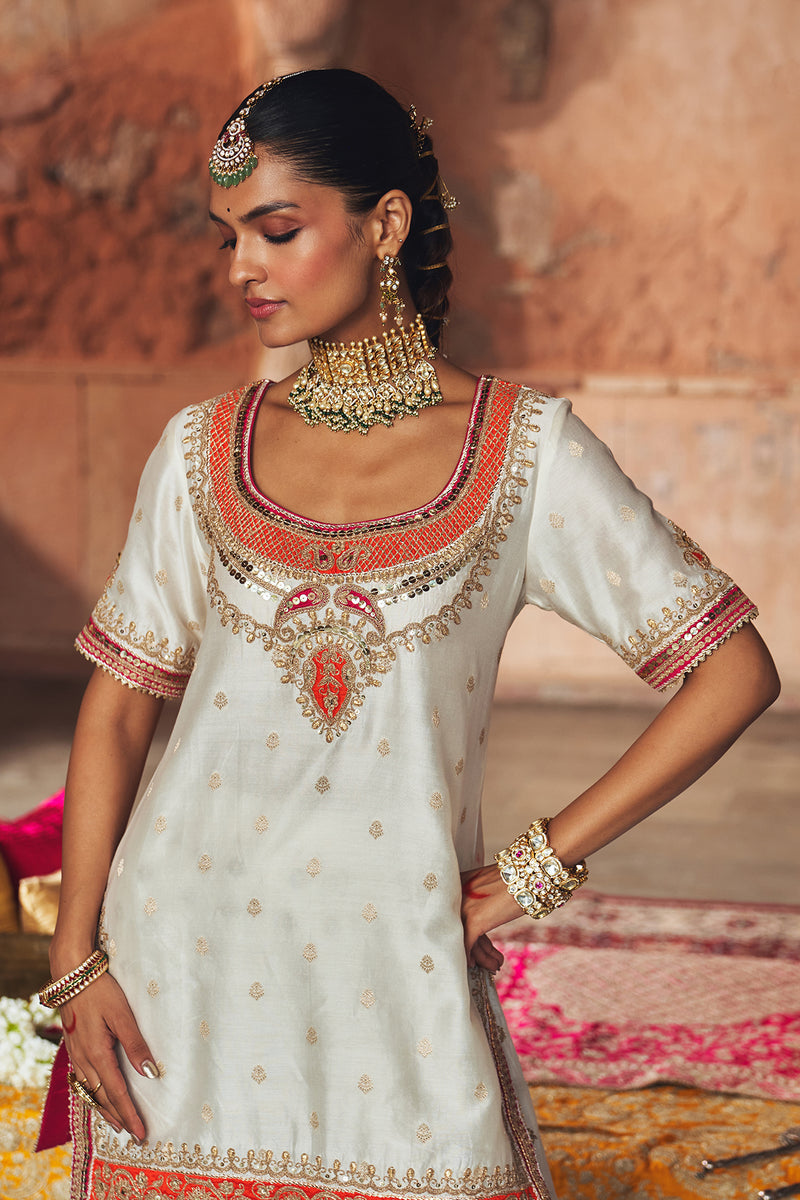 SAMREEN - DAISY IVORY SHORT KURTA WITH SHARARA AND DUPATTA