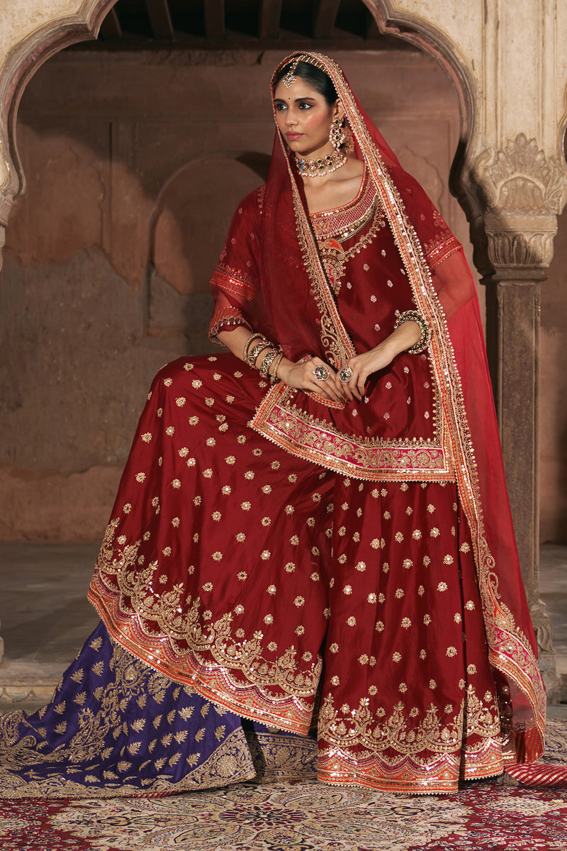 SAMREEN - DEEP RED SHORT KURTA WITH SHARARA AND DUPATTA
