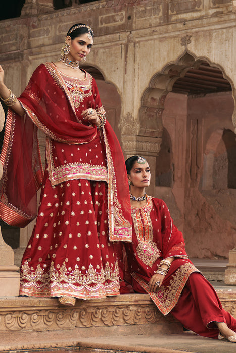 SAMREEN - DEEP RED SHORT KURTA WITH SHARARA AND DUPATTA