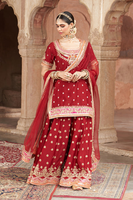 SAMREEN - DEEP RED SHORT KURTA WITH SHARARA AND DUPATTA