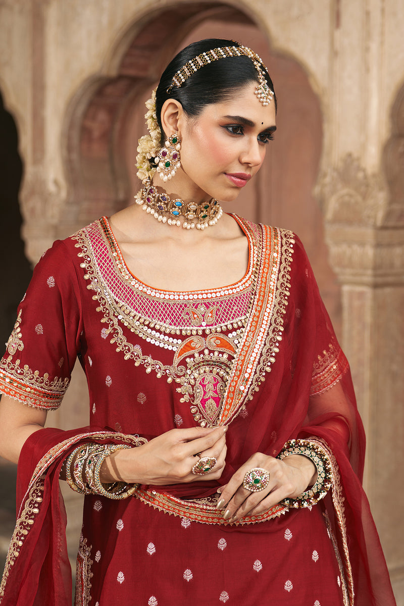 SAMREEN - DEEP RED SHORT KURTA WITH SHARARA AND DUPATTA