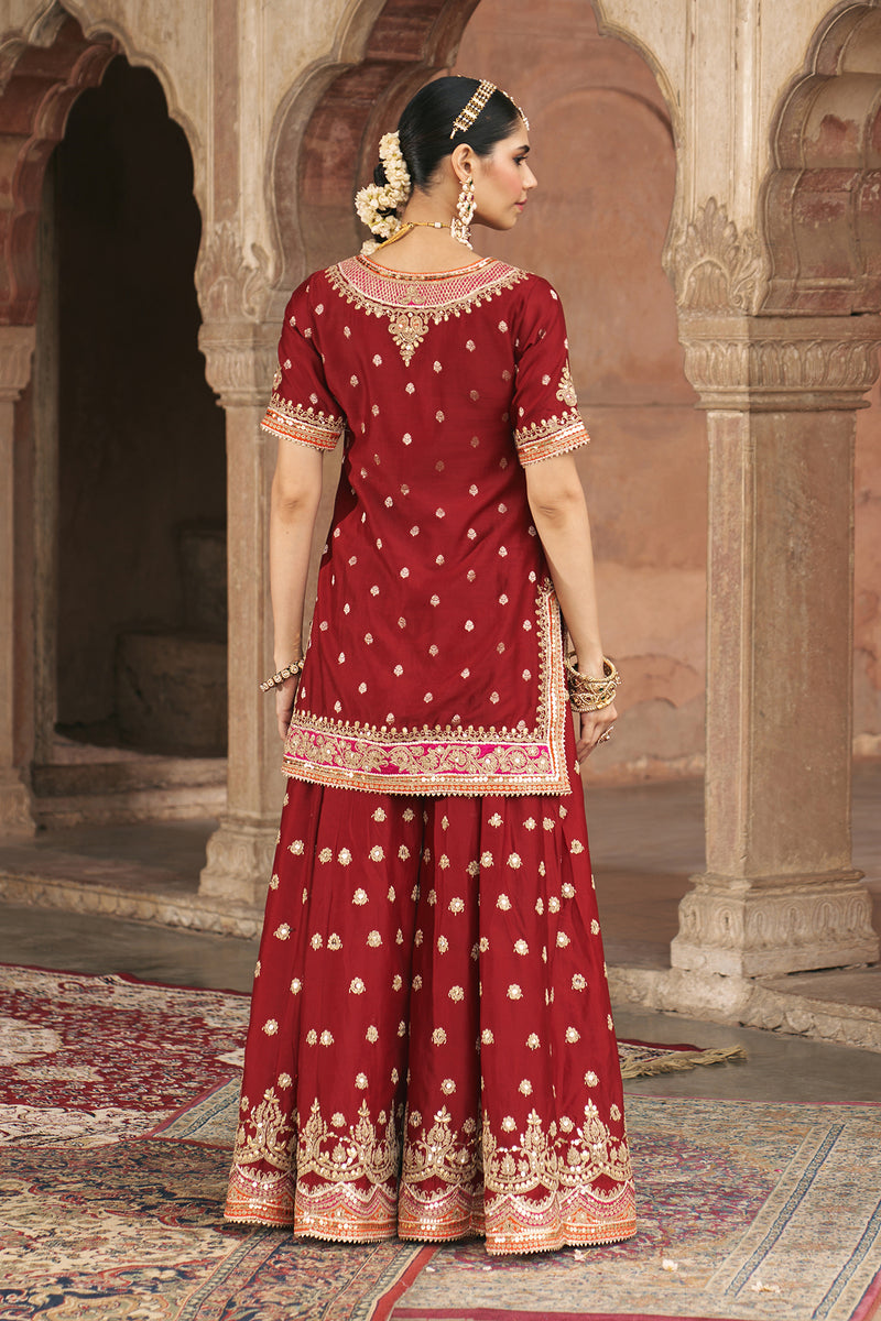 SAMREEN - DEEP RED SHORT KURTA WITH SHARARA AND DUPATTA