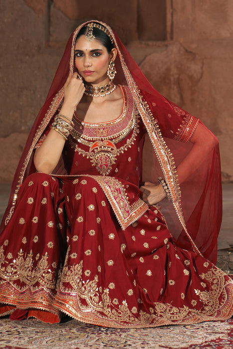 SAMREEN - DEEP RED SHORT KURTA WITH SHARARA AND DUPATTA