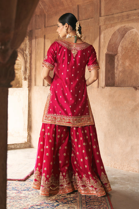 SAMREEN - HOTPINK SHORT KURTA WITH SHARARA AND DUPATTA