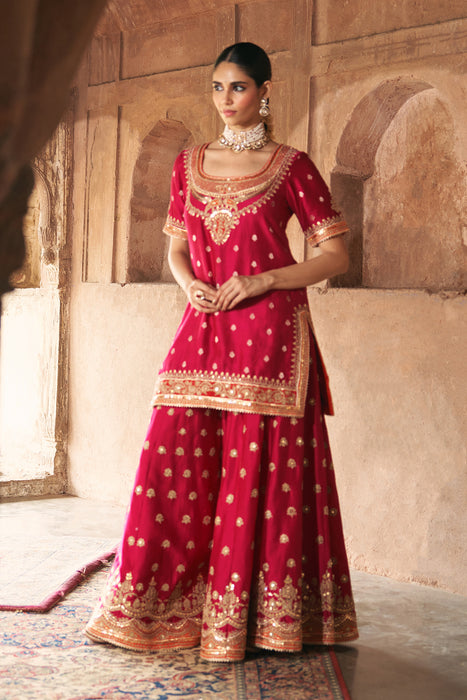 SAMREEN - HOTPINK SHORT KURTA WITH SHARARA AND DUPATTA