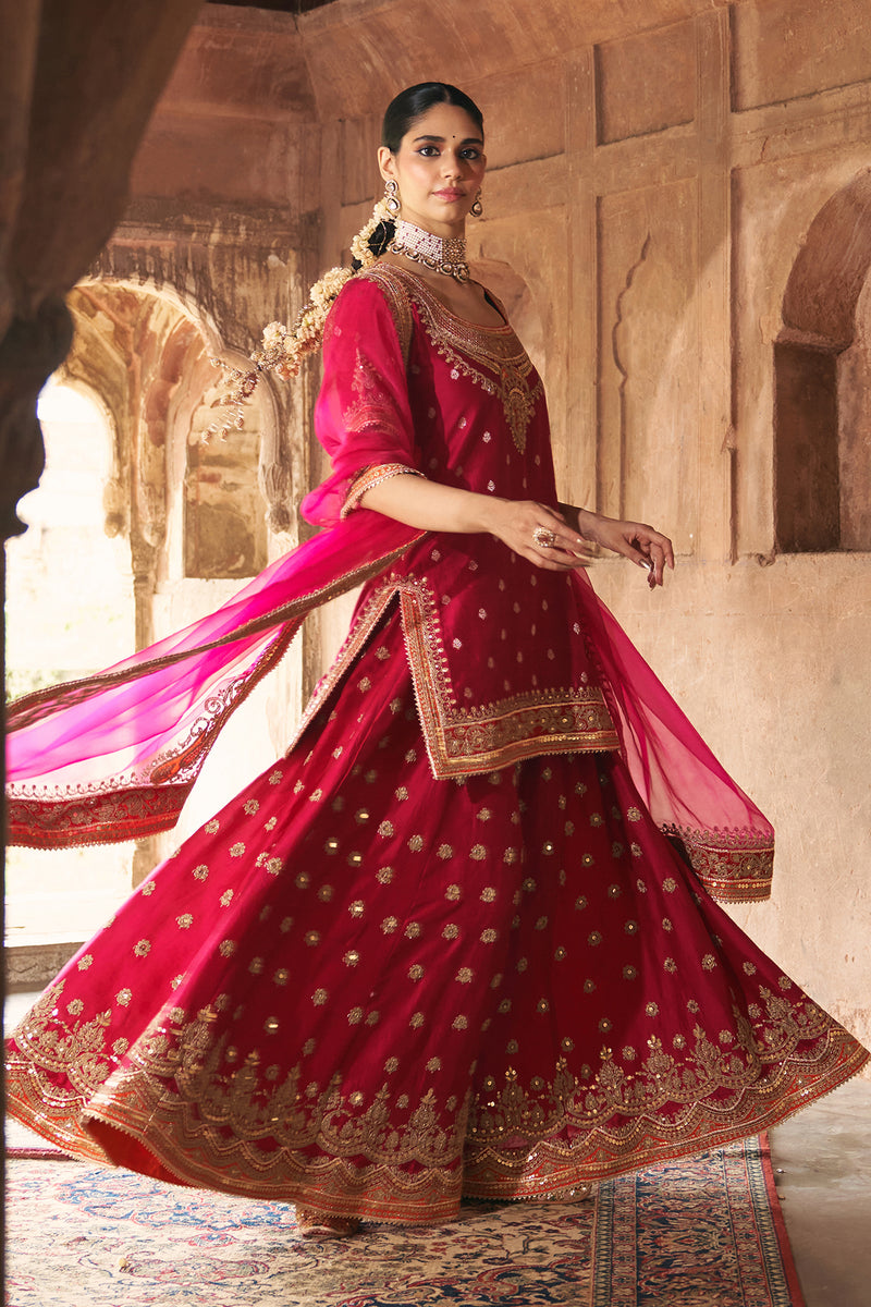 SAMREEN - HOTPINK SHORT KURTA WITH SHARARA AND DUPATTA