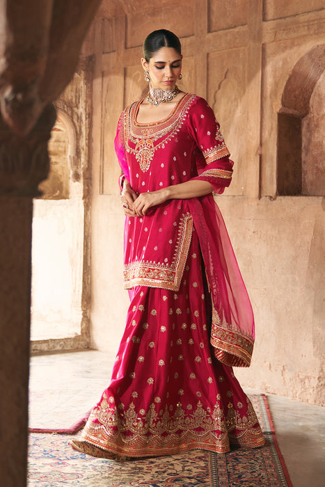 SAMREEN - HOTPINK SHORT KURTA WITH SHARARA AND DUPATTA
