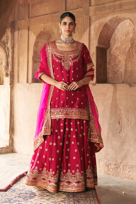 SAMREEN - HOTPINK SHORT KURTA WITH SHARARA AND DUPATTA