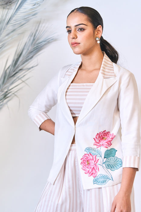 White Digital Printed Blazer with Flared Pants & Crop Top