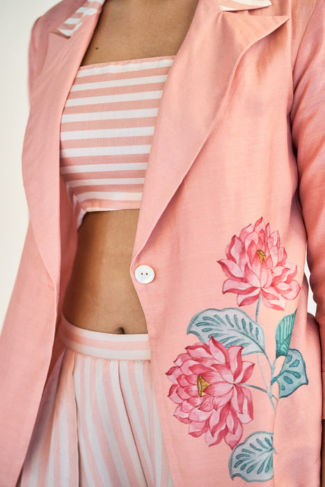 Peach Digital Printed Blazer with Flared Pants & Crop Top