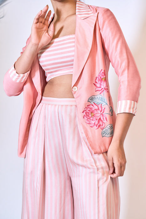 Peach Digital Printed Blazer with Flared Pants & Crop Top