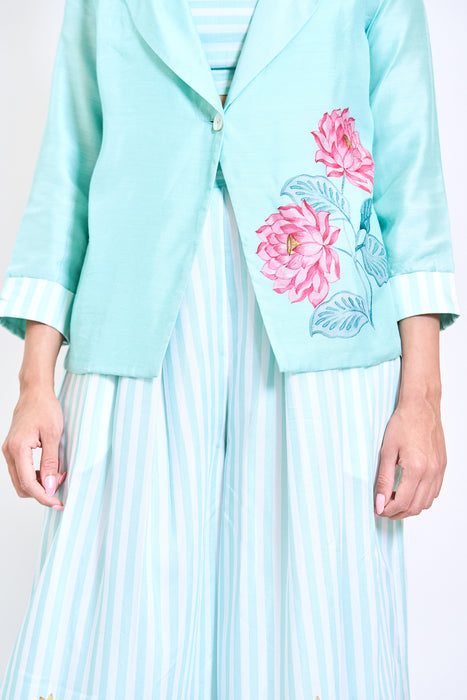 Turquoise Digital Printed Blazer with Flared Pants & Crop Top