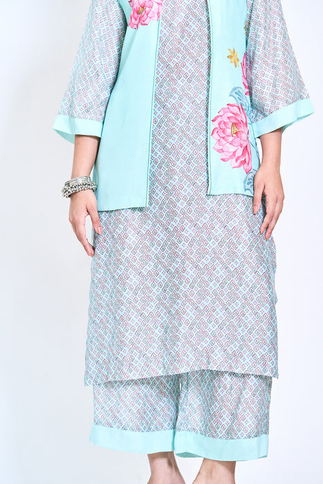 Turquoise  Digital Printed Jacket with Kurta Set