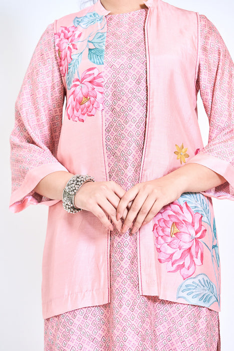 Peach Digital Printed Jacket with Kurta Set