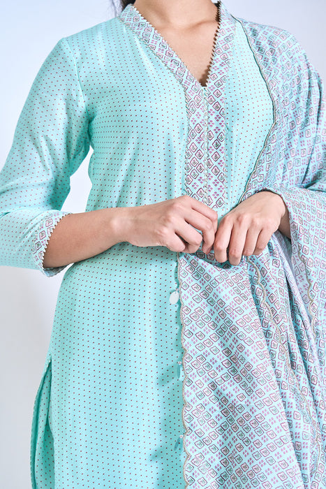 Turquoise Polka Dot Kurta with Dhoti Pants and Dupatta Set