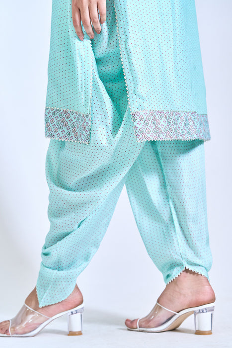 Turquoise Polka Dot Kurta with Dhoti Pants and Dupatta Set