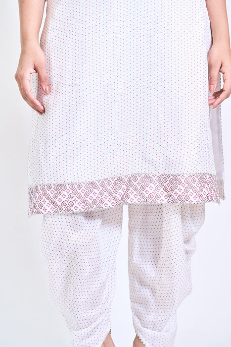 White Polka Dot Kurta with Dhoti Pants and Dupatta Set