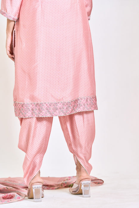 Peach Polka Dot Kurta with Dhoti Pants and Dupatta Set