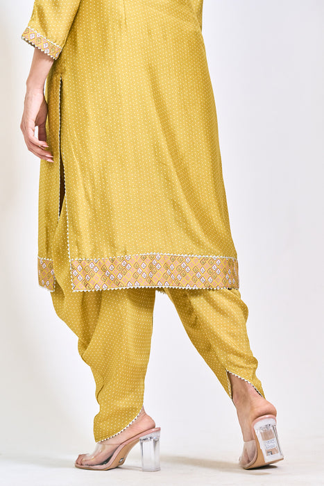 Mustard Green Polka Dot Kurta with Dhoti Pants and Dupatta Set