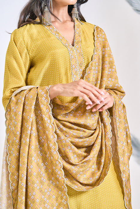 Mustard Green Polka Dot Kurta with Dhoti Pants and Dupatta Set